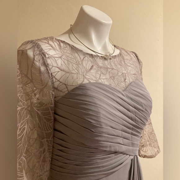 JJ’s House Silver Cascading Chiffon Ruffle Lace Sequin Cocktail Dress Sz. 6 New! - Picture 4 of 16